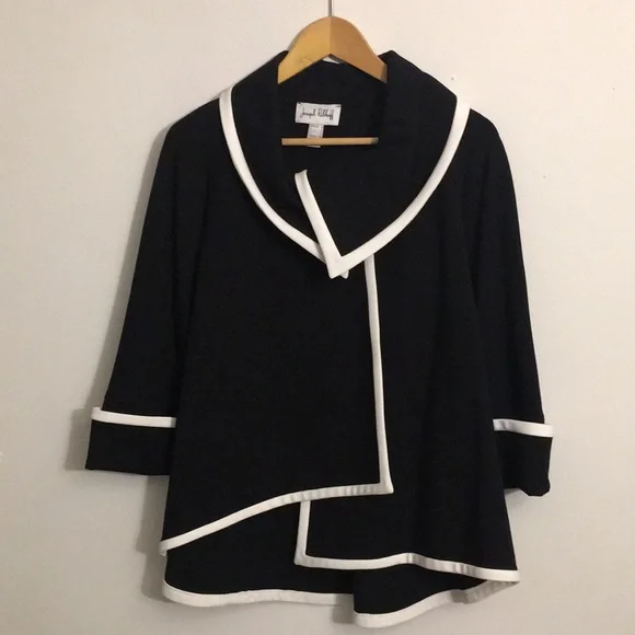 LIKE NEW WITH TAG Joseph Ribkoff Asymmetrical Black White Trim, Wrap Jacket Cape - Picture 5 of 14